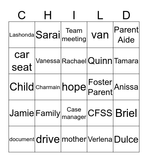 CFSS Parent Aide Bingo Card