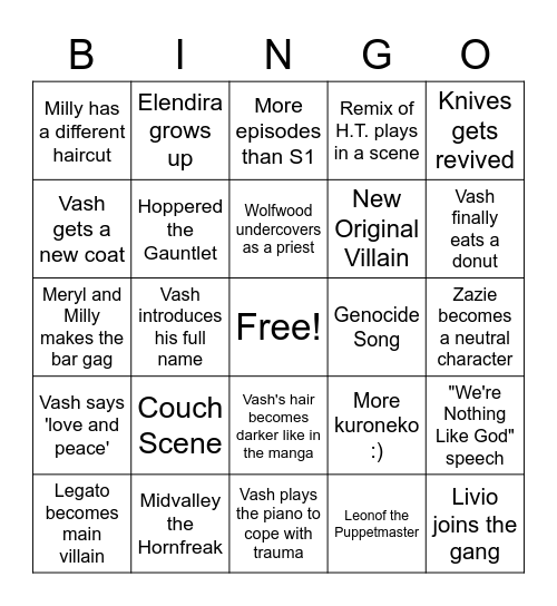 Trigun Stampede S2 Bingo Card