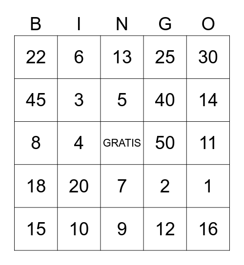 NUMEROS Bingo Card