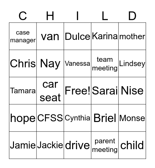 CFSS Parent Aide Bingo Card