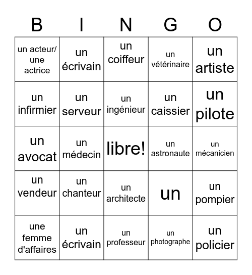 Les métiers Bingo Card