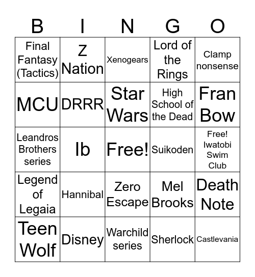 Fandom Bingo Card