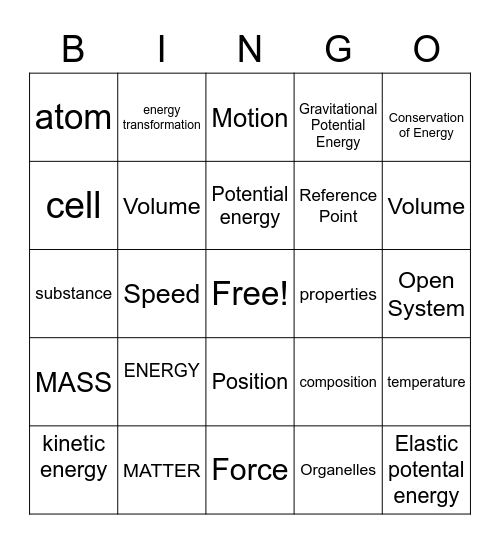 ENERGY and Motion Bingo Card
