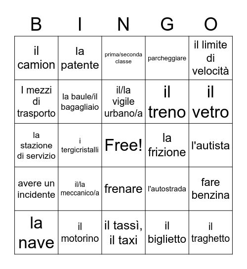 Vocabolario 8A Bingo Card