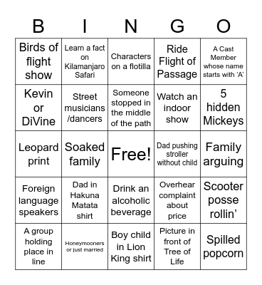 Animal Kingdom Bingo Card