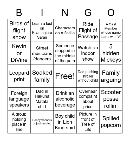 Animal Kingdom Bingo Card