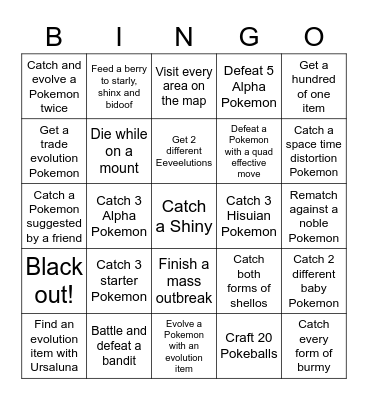 Legends Arceus Bingo Card