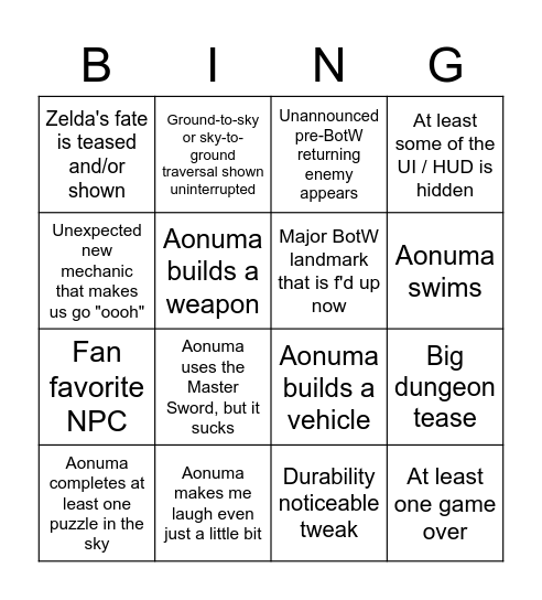 10 min of Zelda Bingo Card