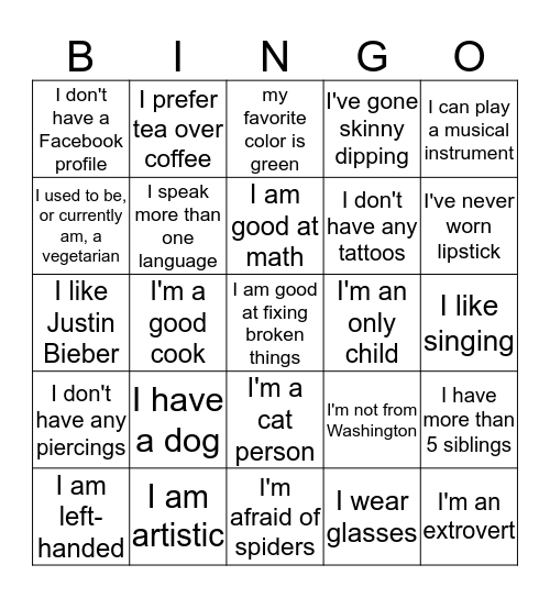 HUMAN BINGO! Bingo Card