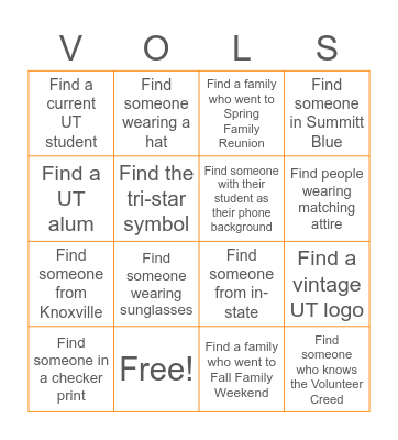 Orange & White Tailgate Bingo Card