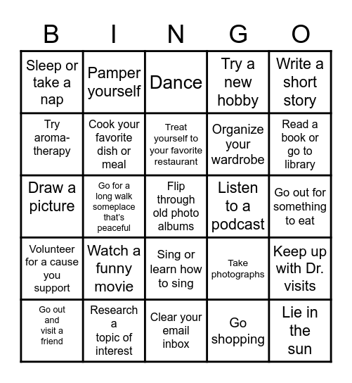 Self Care Bingo Card