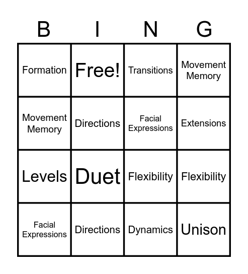 Dance Skills Bingo Card