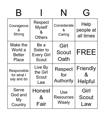 Girl Scout Oath and Law Bingo Card