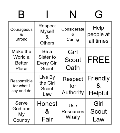 Girl Scout Oath and Law Bingo Card