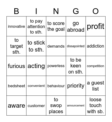 vocabulary prcatice Bingo Card