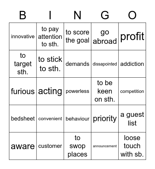 vocabulary prcatice Bingo Card