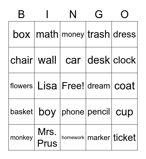 FIND THE NOUN Bingo Card