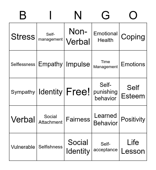 Social Skills Terms Bingo Card