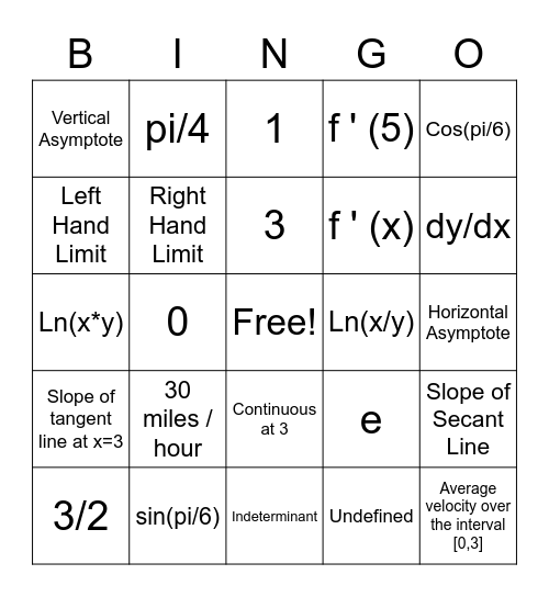 Math 123 Bingo Card