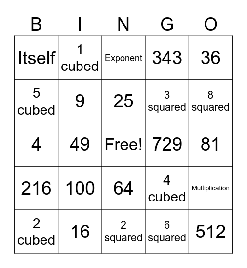 Squares and Cubes Bingo! Bingo Card