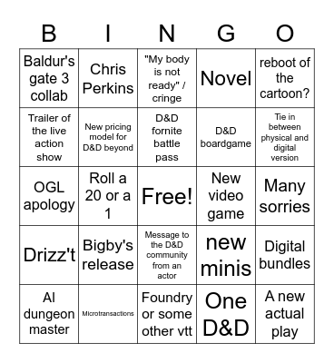D&D direct Bingo Card