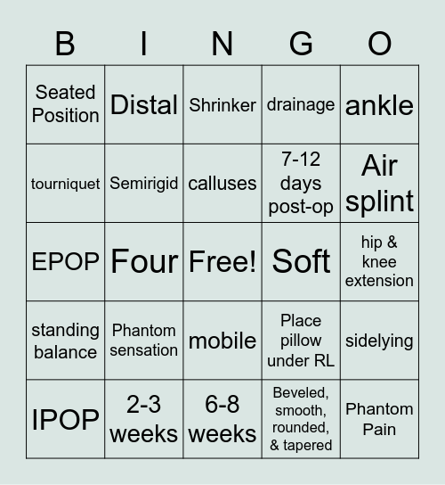 Post-Op & Preprosthetic Management Bingo Card