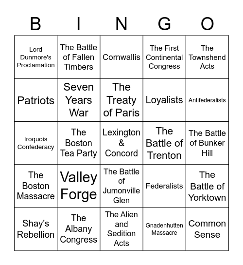 The American Revolution! Bingo Card