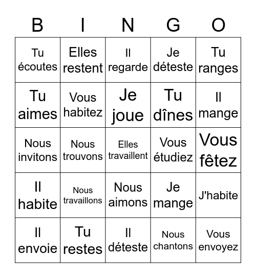 Common -ER verbs in French Bingo Card