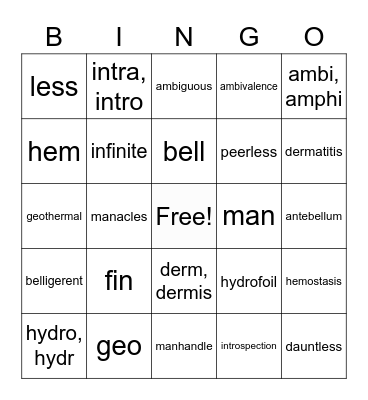 WORD PARTS 11-12 Bingo Card
