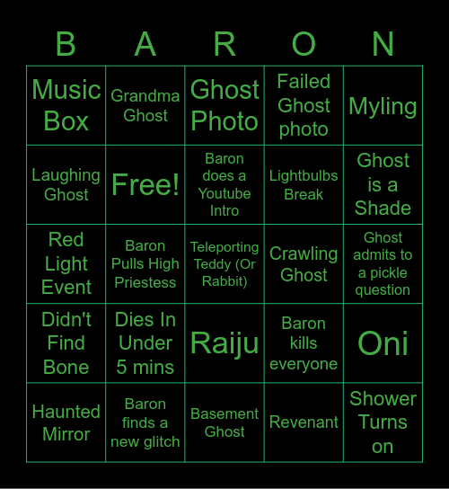 Th3BeardedBaron's Phasmophobia Bingo Card