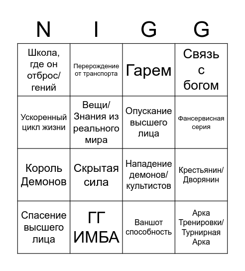 Нигго Исекаев Bingo Card