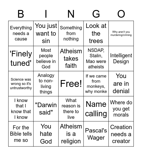 Theist Bingo Card