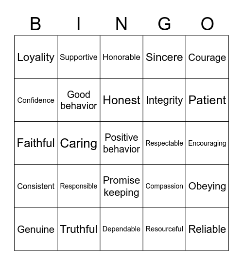 Traits of Trustworthiness Bingo Card