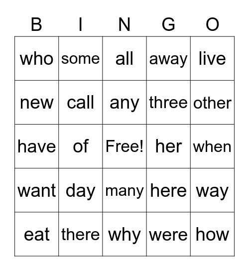 High-Frequency Words Bingo Card