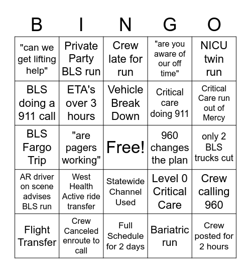 Interfacility Bingo Card