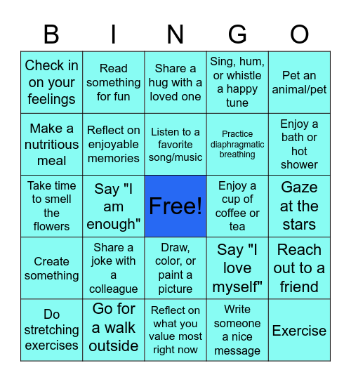 Self-Care for Mental Health Awareness Month Bingo Card
