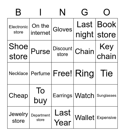 Stores and Gifts Bingo Card