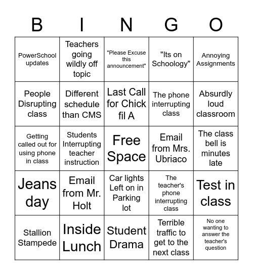 QGHS BINGO Card