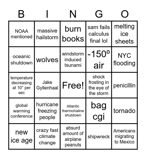 DAY AFTER TOMORROW Bingo Card