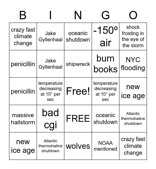 DAY AFTER TOMORROW Bingo Card