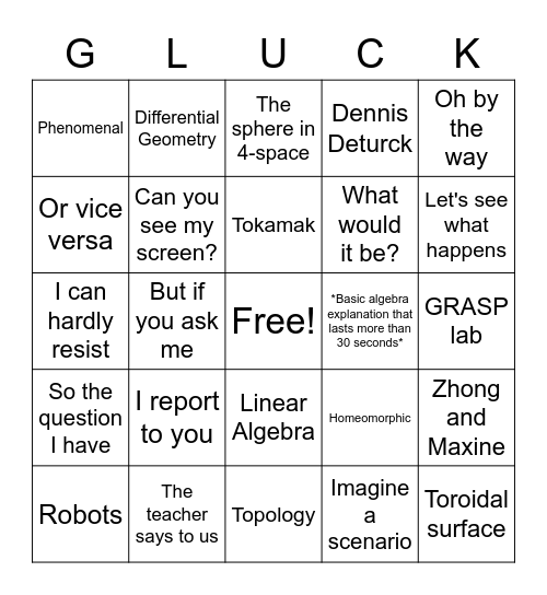 Gluck Bingo Card