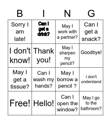Classroom Language BINGO Card