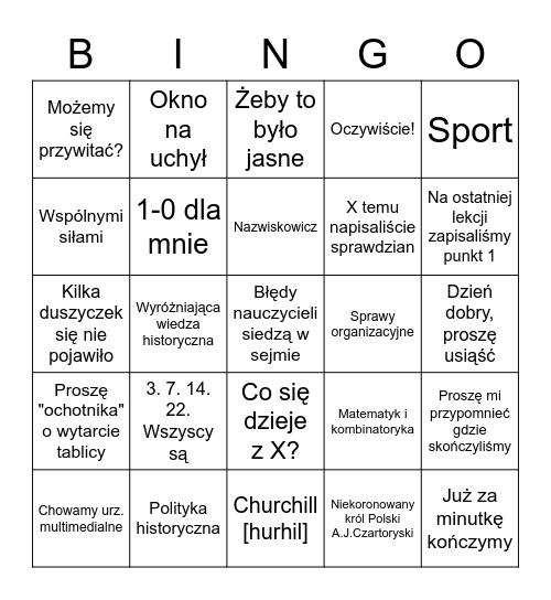 Historia Bingo Card