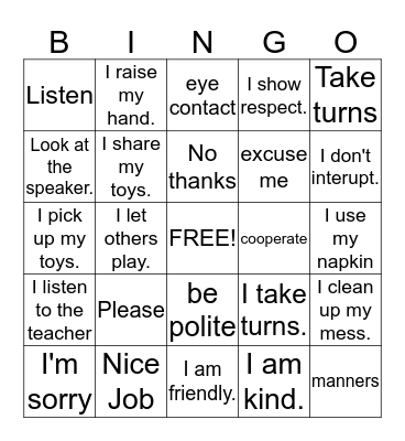 Good Manners Bingo Card