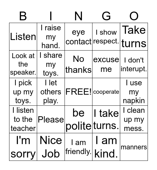 Good Manners Bingo Card