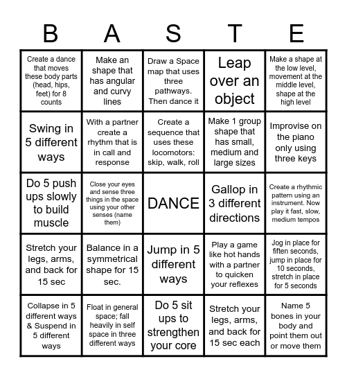 Dance Elements Bingo Card