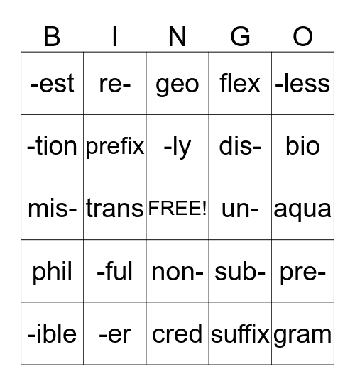 Prefix, Suffix, and Root Bingo Card
