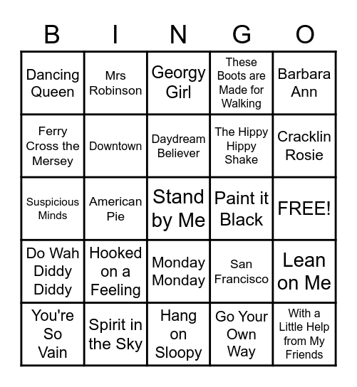 1960's Hits Bingo Card