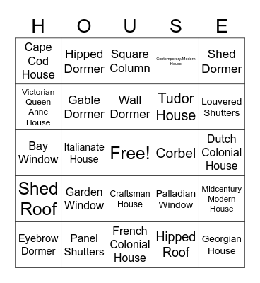 Residential Architecture Bingo Card