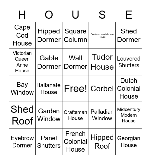 Residential Architecture Bingo Card
